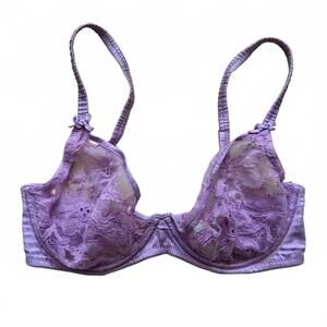 Fleur Du Mal Magnolia Lace Demi Bra Silk Unlined Sheer Bow Women's Size 32D